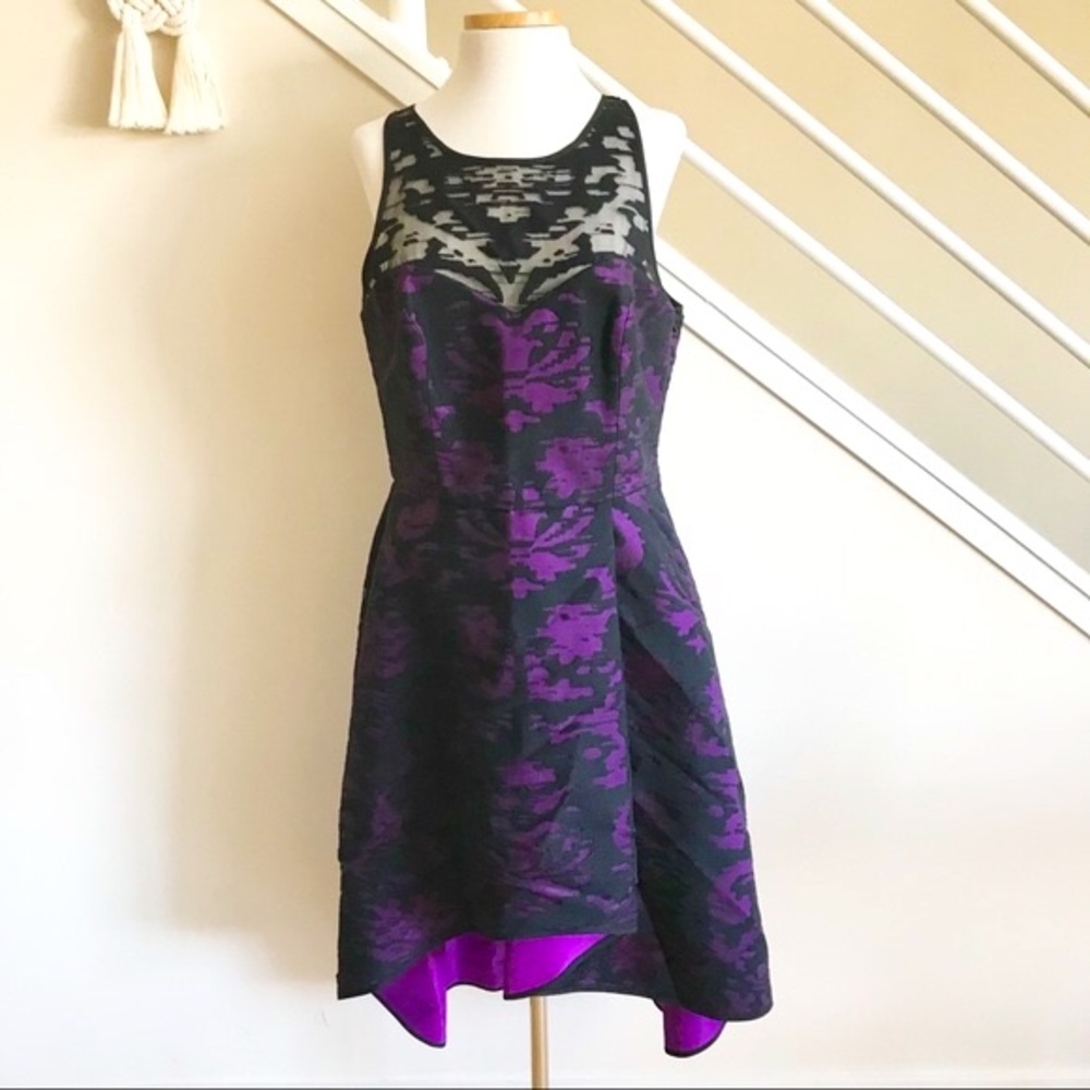 Milly Martina Fil Coupe Sleeveless Hi Low Flared Midi Dress Purple Black 12 NWT - Picture 3 of 16